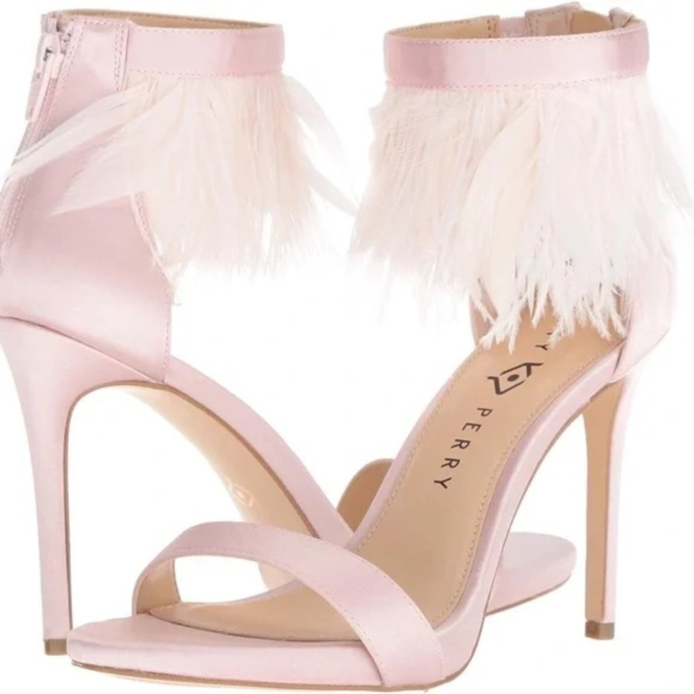 NIB KATY PERRY The Editor Satin Cashmere Pink Feather heels Sz 9